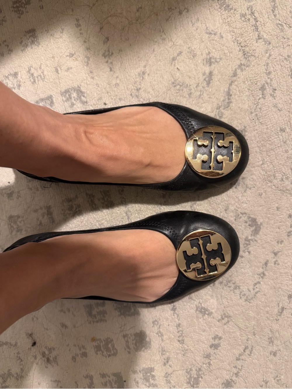 Tory Burch Black Leather Ballet Flats with Gold Logo Medallion